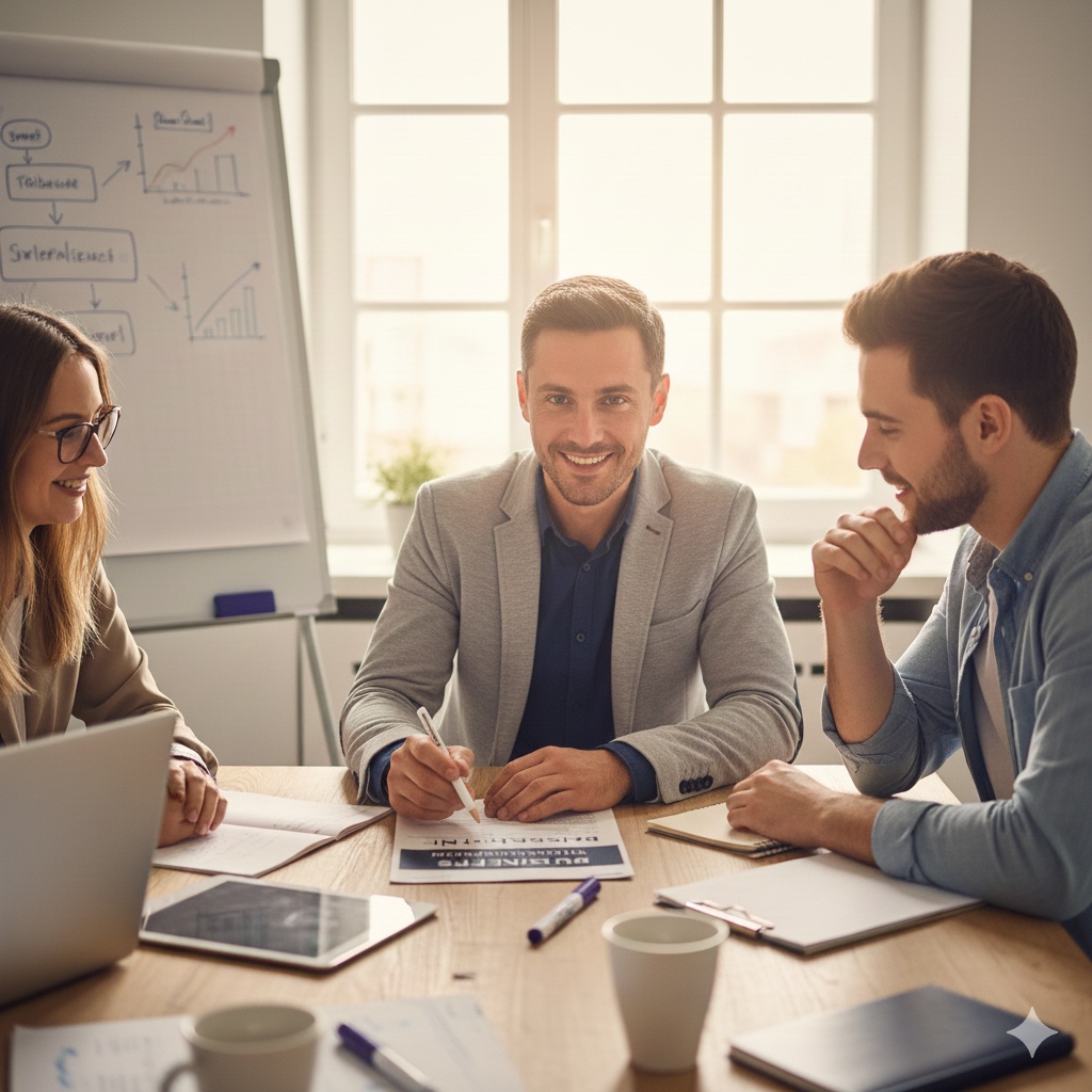 Ein Berater Mitte 30 im Gespräch mit zwei Gründern über einem Businessplan-Entwurf für den Gründungszuschuss, authentische und professionelle Beratungsatmosphäre.