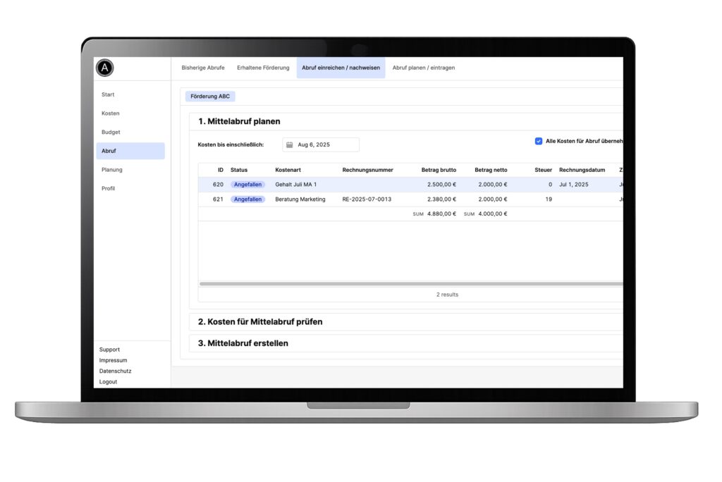 Agonius Tool für Fördermittelabwicklung mit Budgetverwaltung und Soll-Ist-Vergleich für Förderprojekte.